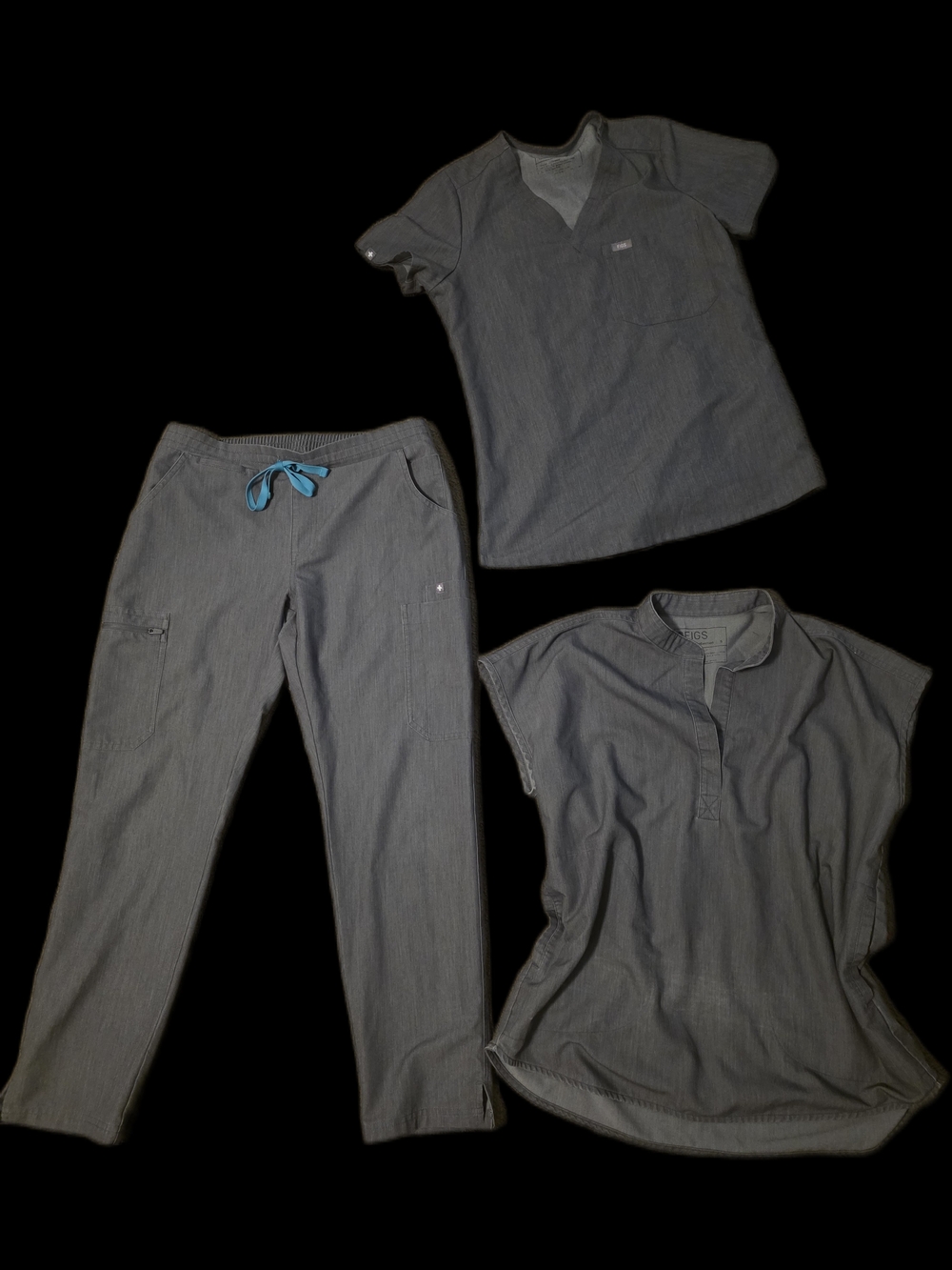 Figs Gray Scrub Pants with Teal Drawstring + 2 Matching Tops♡